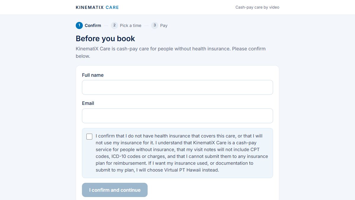 The client start page: confirm, pick a time, pay