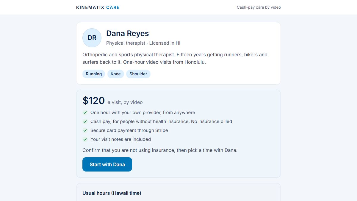 A provider page with the price, what is included, and the hours