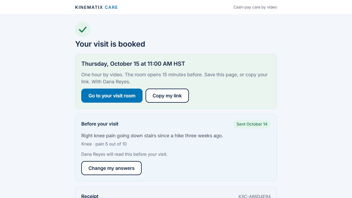 The booked visit page: the hour, the room link, the client answers